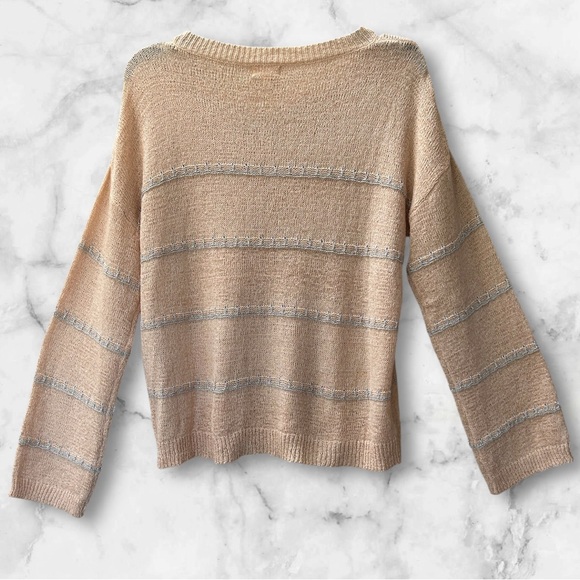 Hem & Thread Pale Peach Silver Accent Knit Long Sleeve Crewneck Sweater Size S - Picture 3 of 8